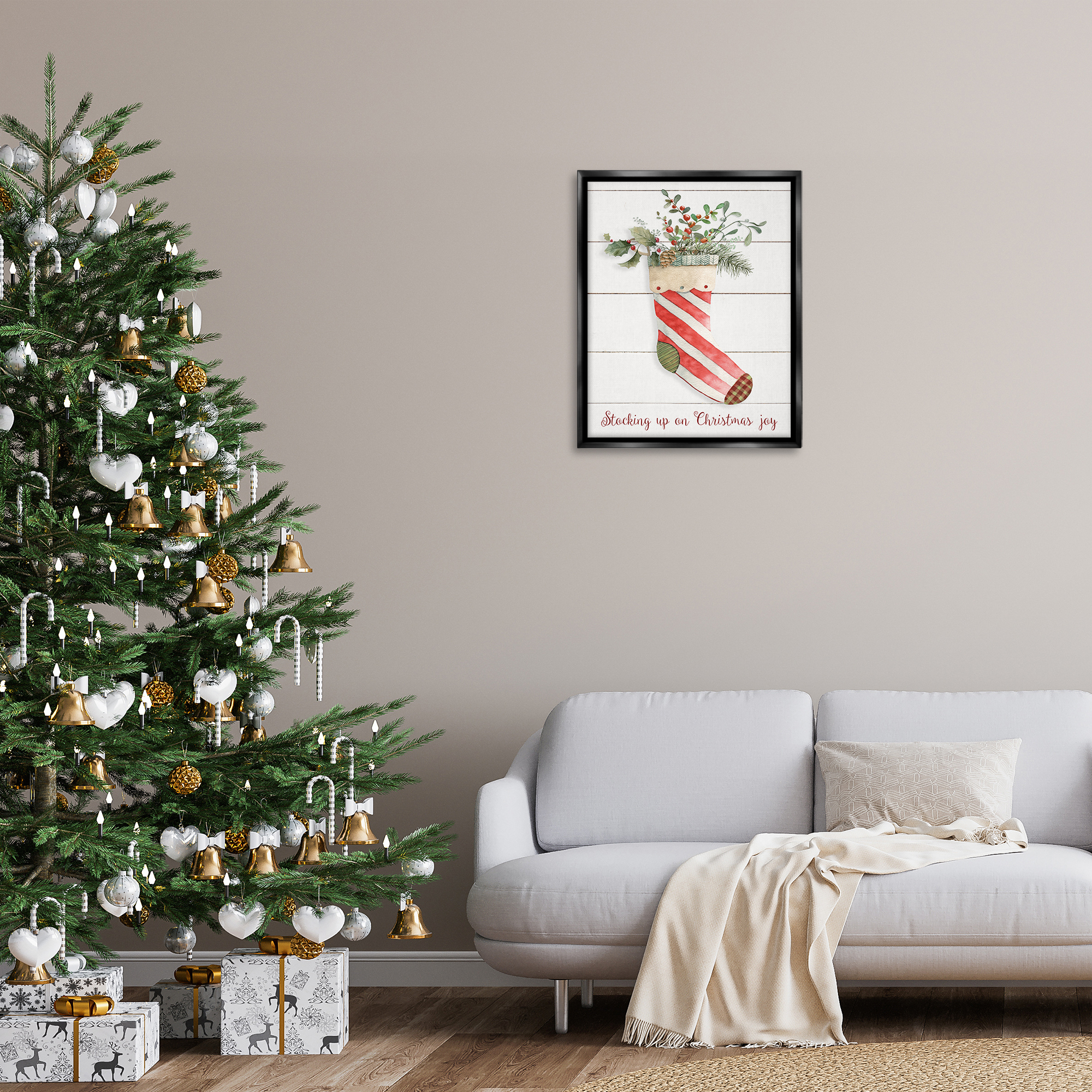 Stupell Industries Stocking Up On Christmas Holiday Painting Black Floater Framed Canvas Art Prints Wall Art, 25 x 31