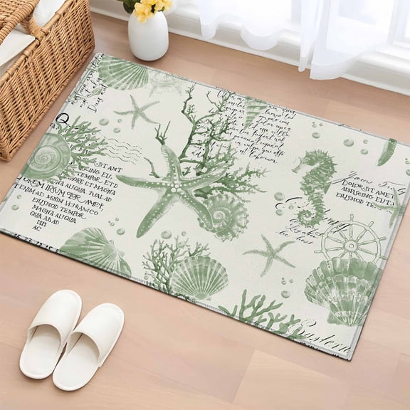 2x3 Ft Entryway Area Rug, Sage Green Coastal Kitchen Rug Runner Washable Floor Mat, Coral Starfish Nautical Compass Non Slip Indoor Door Mat Throw Carpet for Bathroom Living Room Bedroom