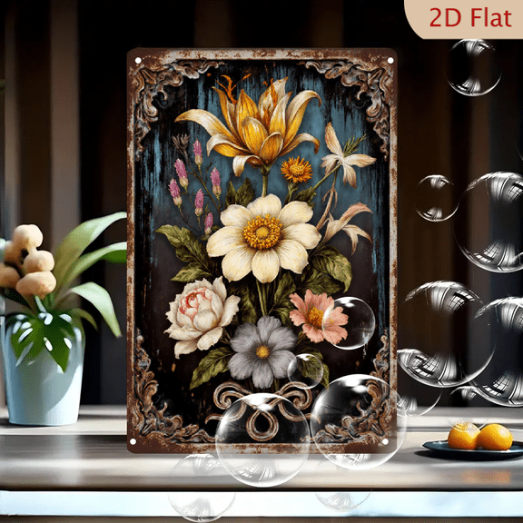 8x12 Inch Vintage Floral Wall Art, Ornate Dahlia Lily Rose Bouquet on Dark Blue Wood Texture with Rustic Metal Scroll Border, Victorian Botanical Decor for Home Living Room