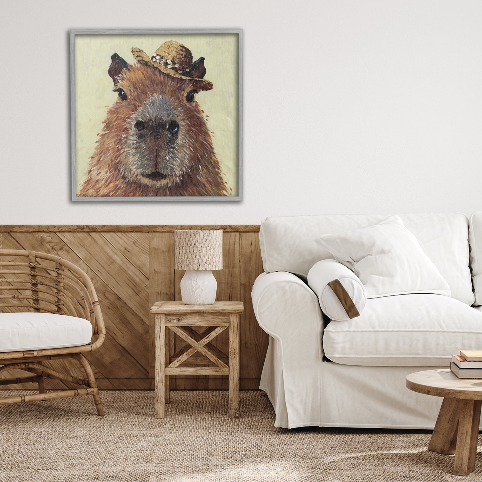 Stupell Industries Capybara with Straw Hat Gray Framed Giclee Art, design by Studio Bautista