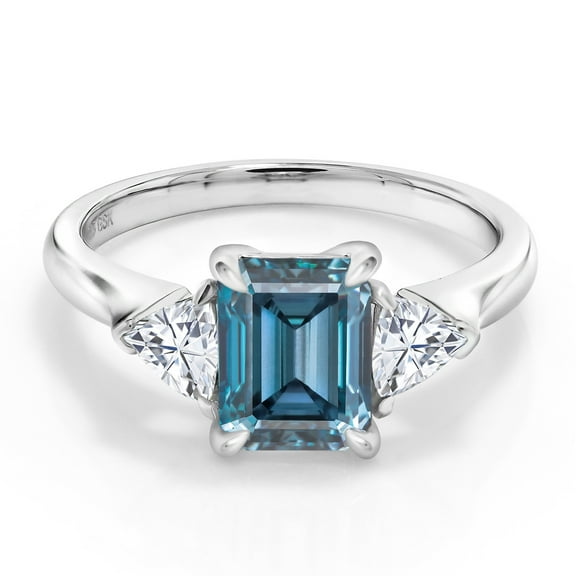 Gem Stone King 925 Sterling Silver Persian Blue Moissanite and Moissanite 3-Stone Ring for Women (1.80 Cttw, 8X6MM Octagon, 3.5 Trillion, Gemstone Birthstone, Size 5, 6, 7, 8, 9)