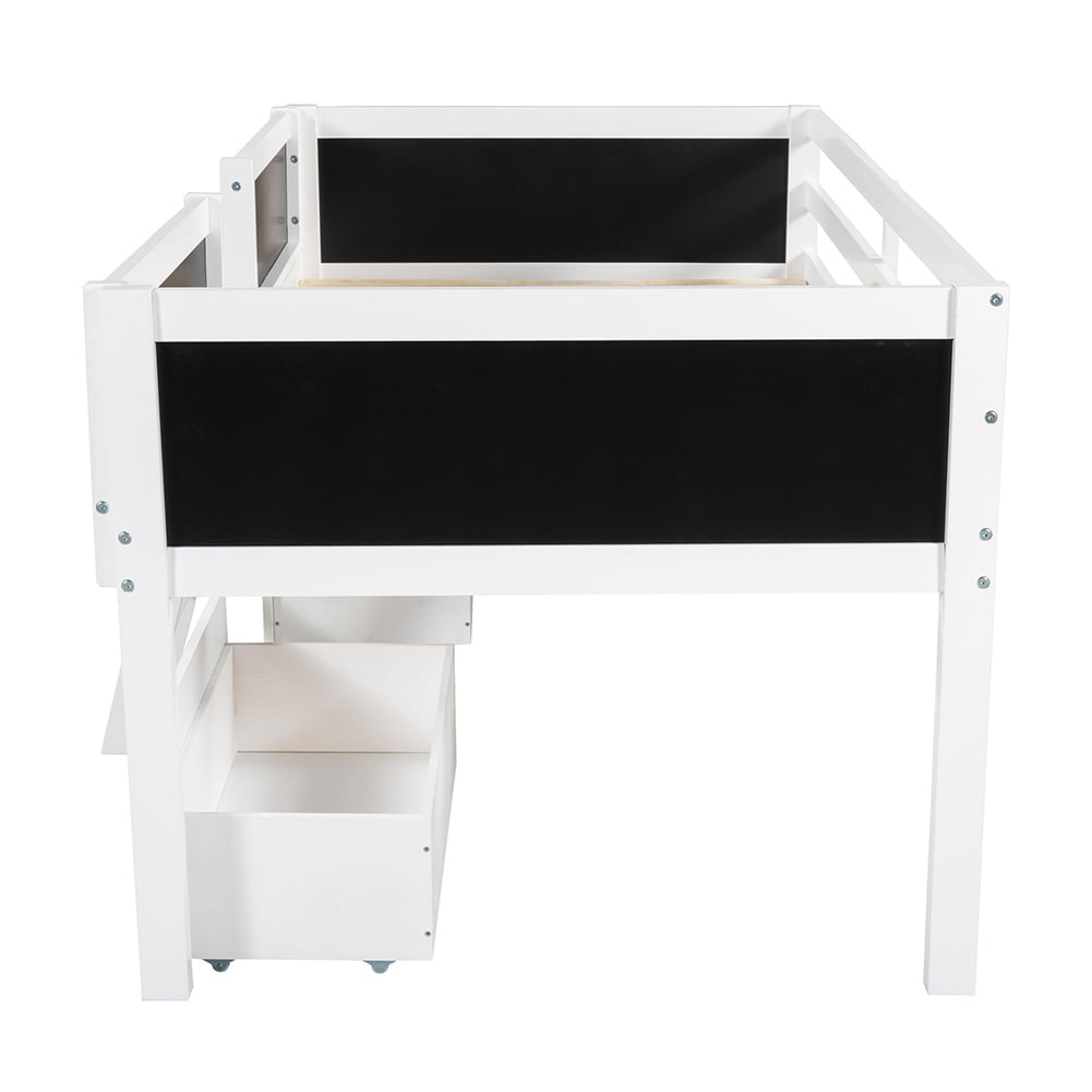 Kadyn Twin Size Low Loft Bed with Two Drawers,with Decorative Guardrail Chalkboard,White
