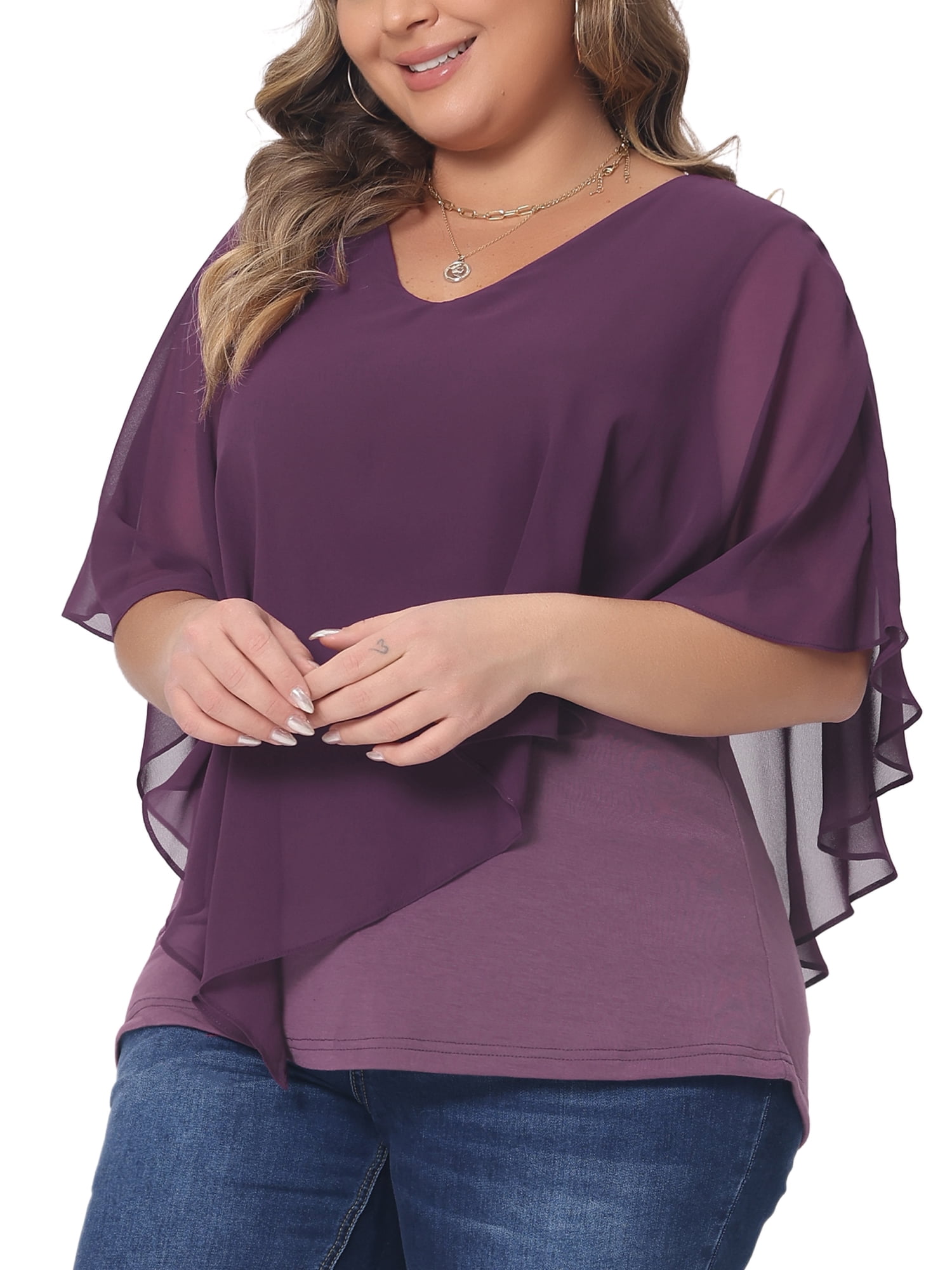 DARING DIVA Women's Plus V Neck Flowy Double Layered Chiffon Blouse 3X Purple