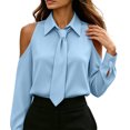 thumbnail image 3 of Cold Shoulder Shirts for Womens Solid Color Turndown Collar Casual Shirt Long Sleeve Dressy Top with Tie Blue M, 3 of 9