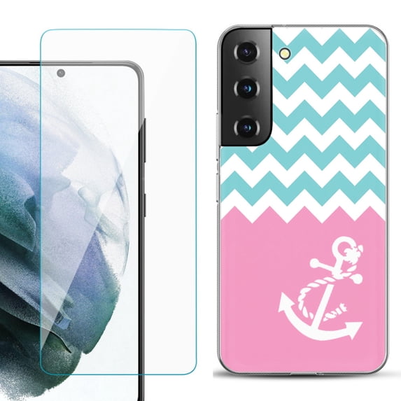 Slim-Fit TPU Fashion Phone Case for Samsung Galaxy S22 5G, with Tempered Glass Screen Protector, by OneToughShield ® - Chevron/Anchor