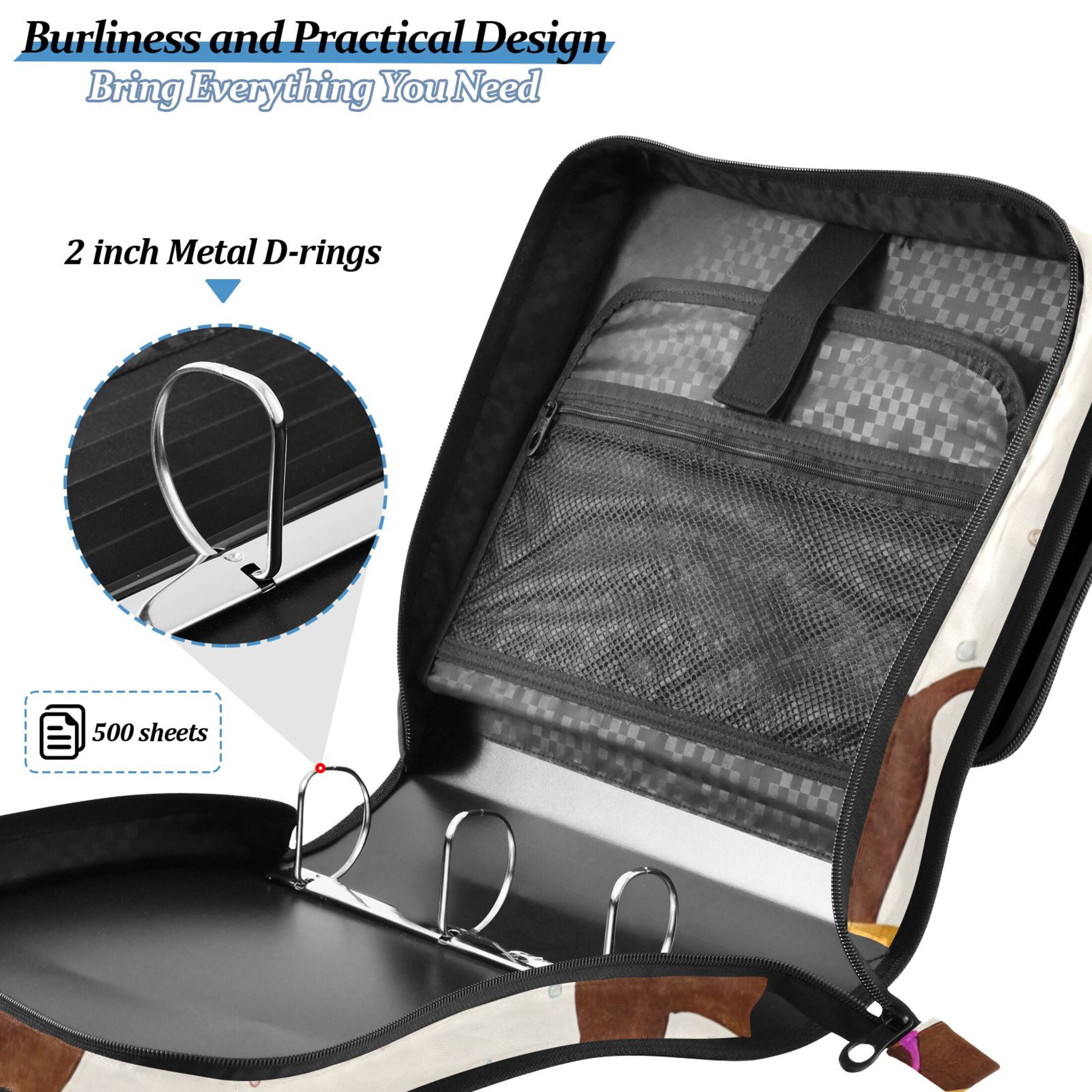 3 Ring Zipper Binder with Shoulder Strap Waterproof Trapper Keeper 2 Inch D-Ring 500 Sheets Capacity Dachshund with Ice Cream