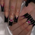 thumbnail image 1 of 24pcs Long Coffin False Nails French Tip Stick on Nails Black Tip Press on Nails Rhinestone Removable Glue, 1 of 5