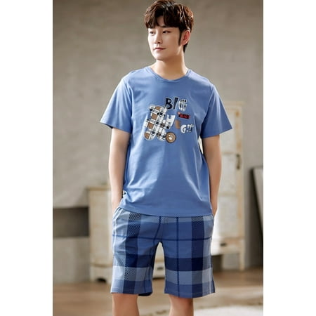 

QWZNDZGR Summer New Cartoon Mens Pajamas Casual Short Tops Lattice Short Pants Sets Pyjamas Stripe Men Sleepwear Pijamas Homewear Fashion