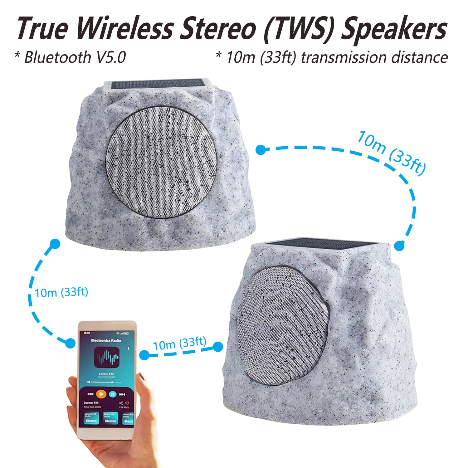 Postlucky 2 Pack Outdoor Solar Rock Speakers, Bluetooth, TWS Pairing, RGB LED Flashing, USB Charging, Waterproof, 7.3" Gray