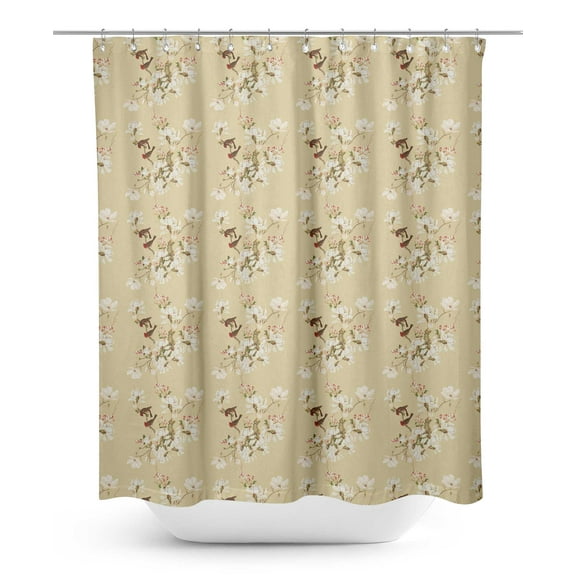 S4Sassy Beige Bird & Magnolia Floral Printed Bathroom Curtain Waterproof Shower Drapes-60 x 70 Inch