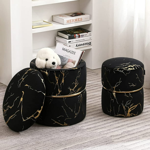 Round Velvet Storage Ottoman Vanity Stool Chair Upholstered Foot Rest Stool Black,Pack of 2