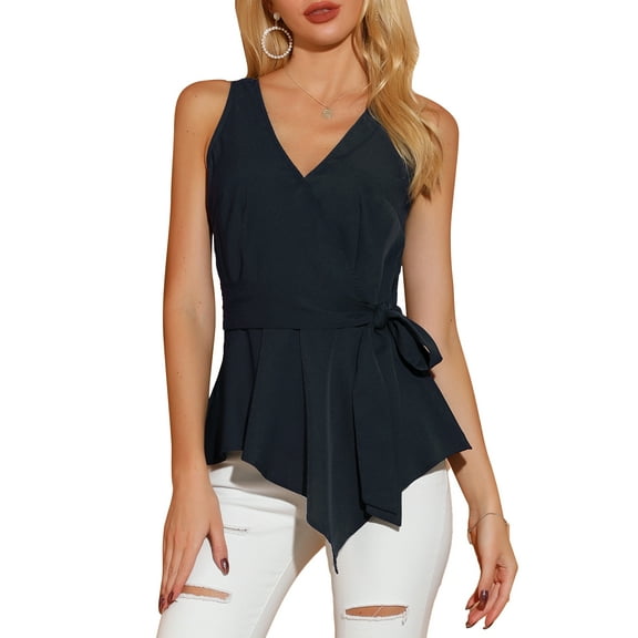 INSPIRE CHIC Women's Summer Sleeveless V Neckline Wrap Tie Waist Tops XS Navy Blue