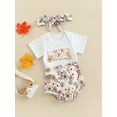 thumbnail image 3 of Bagilaanoe 3pcs Newborn Baby Boy Girl Short Pants Set Short Sleeve Pumpkin/Letter Print Romper Tops + Shorts + Headband 3M 6M 12M 18M Infant Casual Outfits, 3 of 8