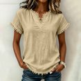 thumbnail image 2 of ClodeEU Women's V Neck Short Sleeve T-Shirt,Casual Solid Color Frayed Edge Top Beige,Women's Plus S, 2 of 9