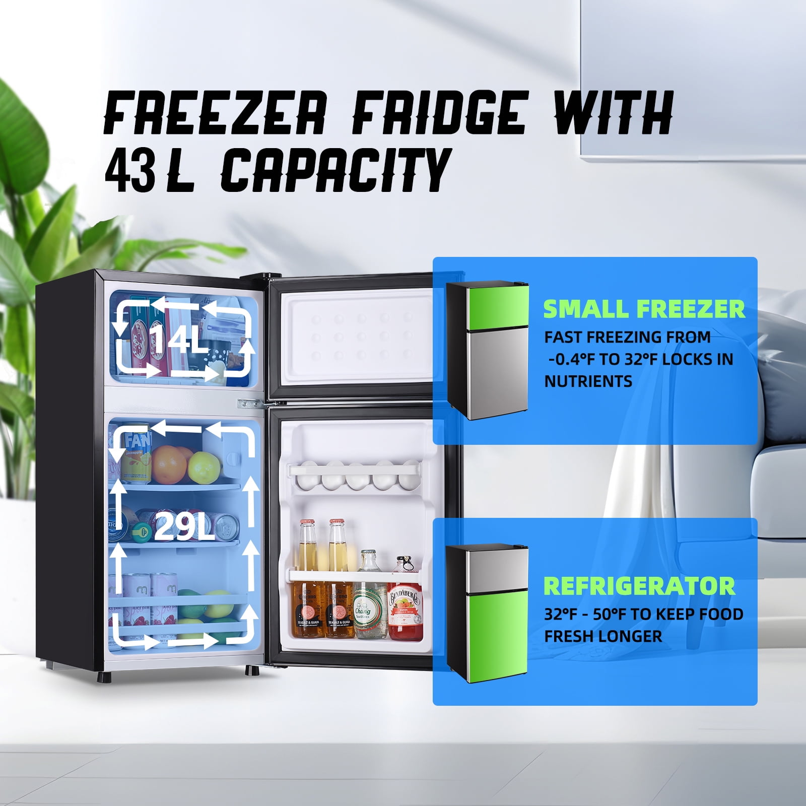 TACOOL Mini Refrigerator with Top Freezer 43 Liter Dual Door Small Refrigerator with 7-Level Adjustable Thermostat for Office, Silver
