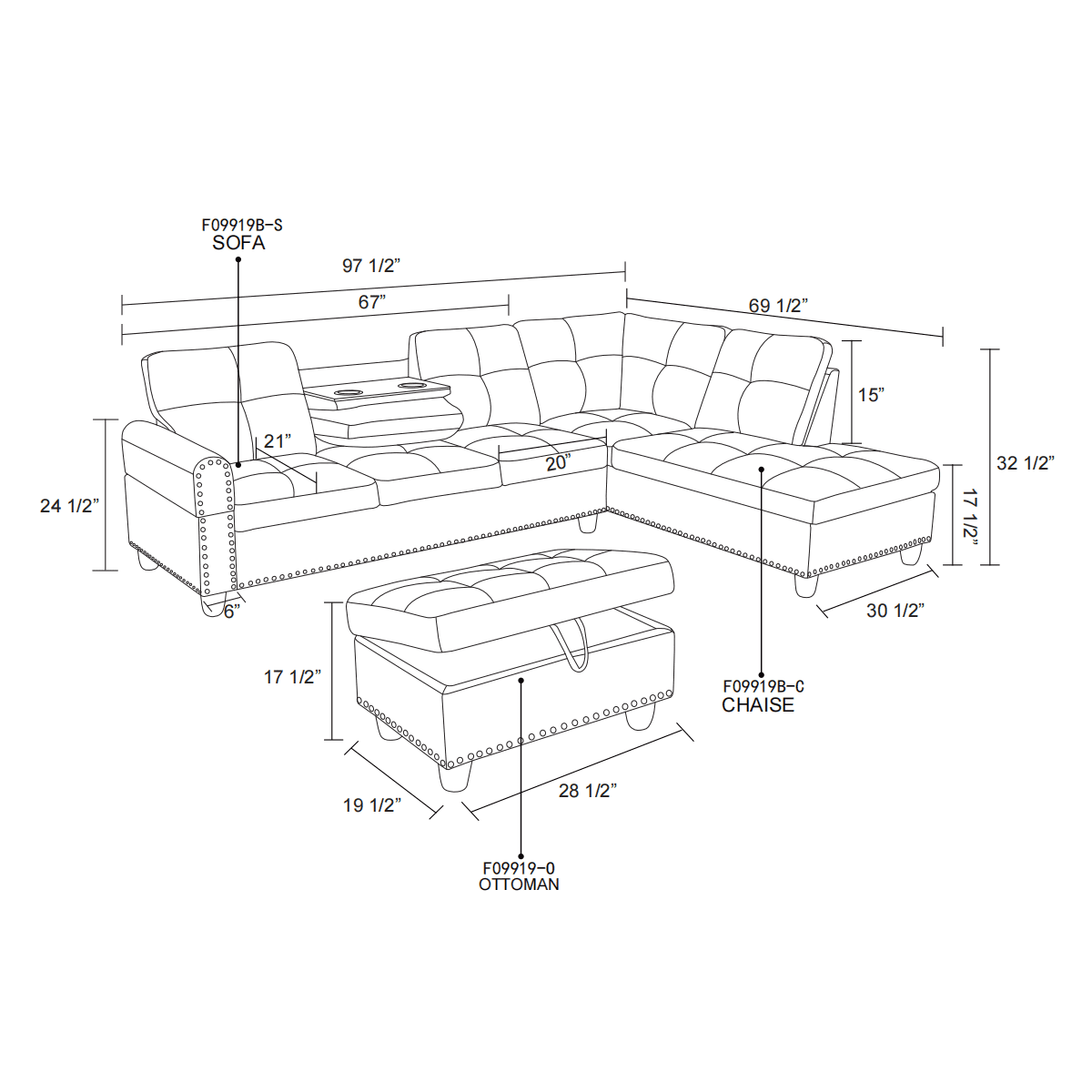 Hommoo 4-Seat Linen Sectional Sofa Sets, L Shaped Flippable Backrest Sectional Couches and Sofas, Modern Living Room Furniture Sets, 15' Back Height, Grey(No Ottoman)