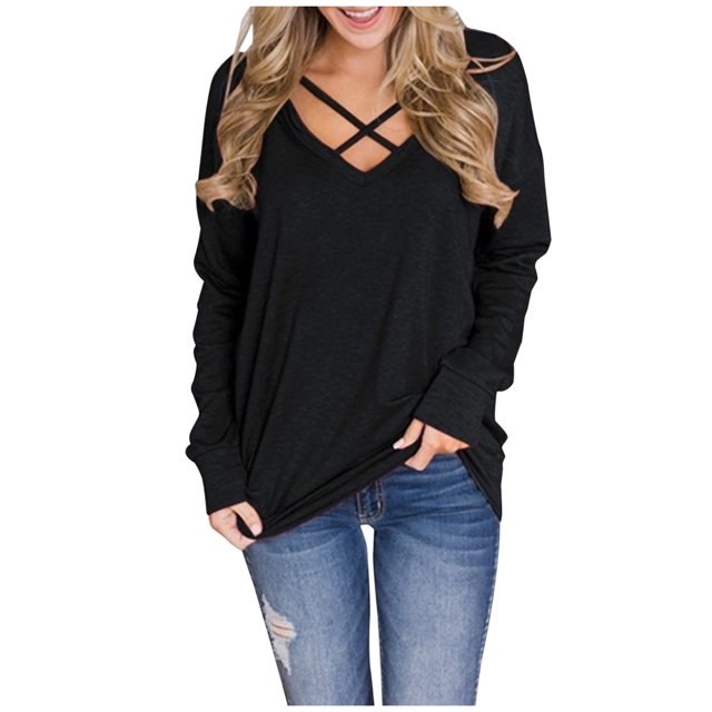 Women`s Multiple Color Exquisite Cute Smooth V-neck Solid Color Long Sleeve Polyester Blouse(Black,L)
