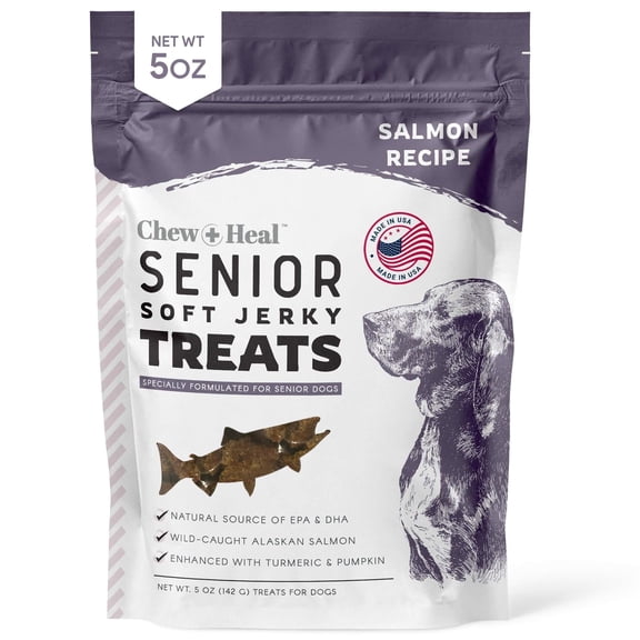 Chew   Heal Seniors Soft Jerky Salmon Dog Treats - 5 oz of Omega Jerky - Dog Joint Supplement with Wild Alaskan Salmon and Turmeric - Made in the USA