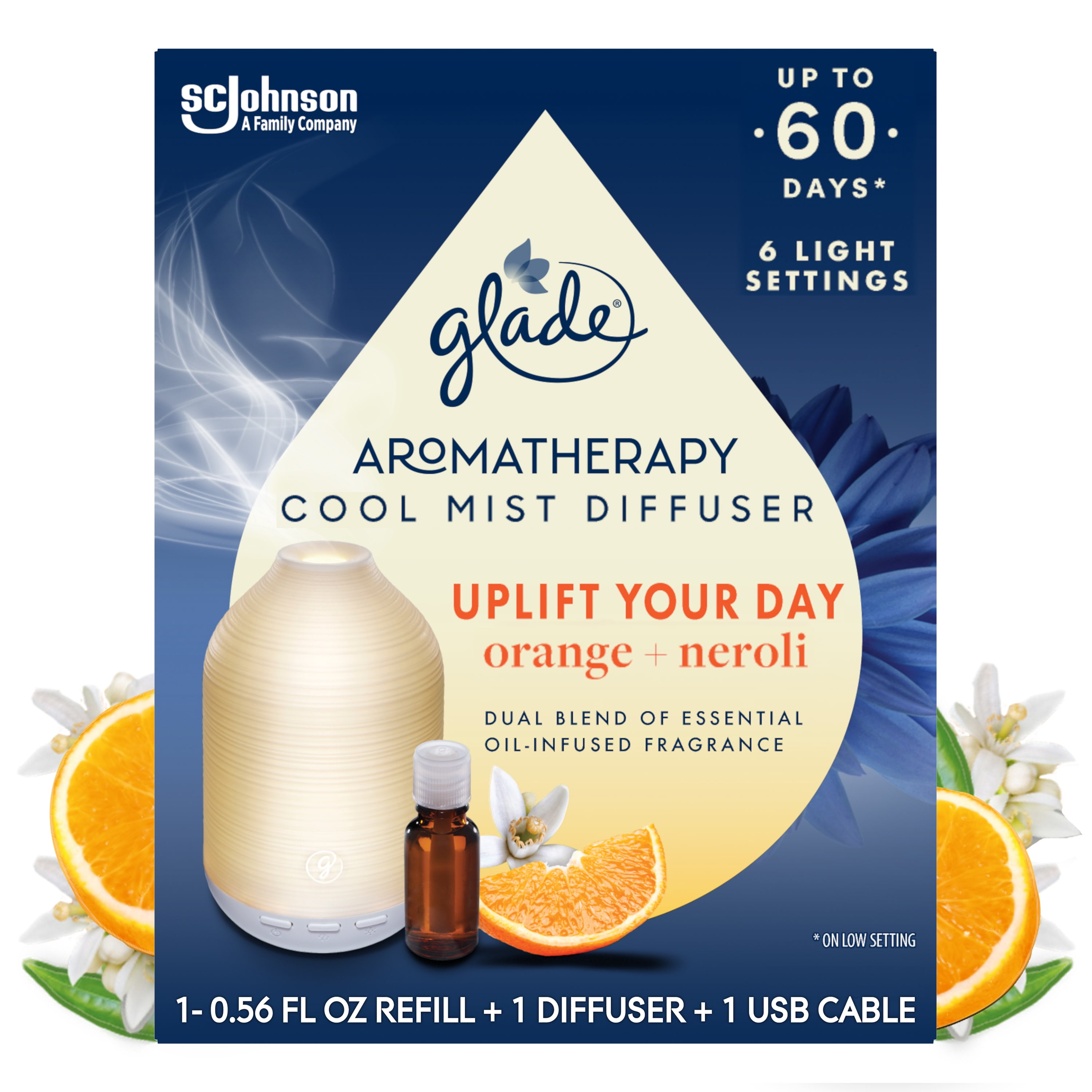 Glade Essential Oil Diffuser, Uplift Your Day Scentwith Notes of Orange & Neroli, 0.56 oz (16.8 ml), Cool Mist Aromatherapy Diffuser & Air Freshener for Home