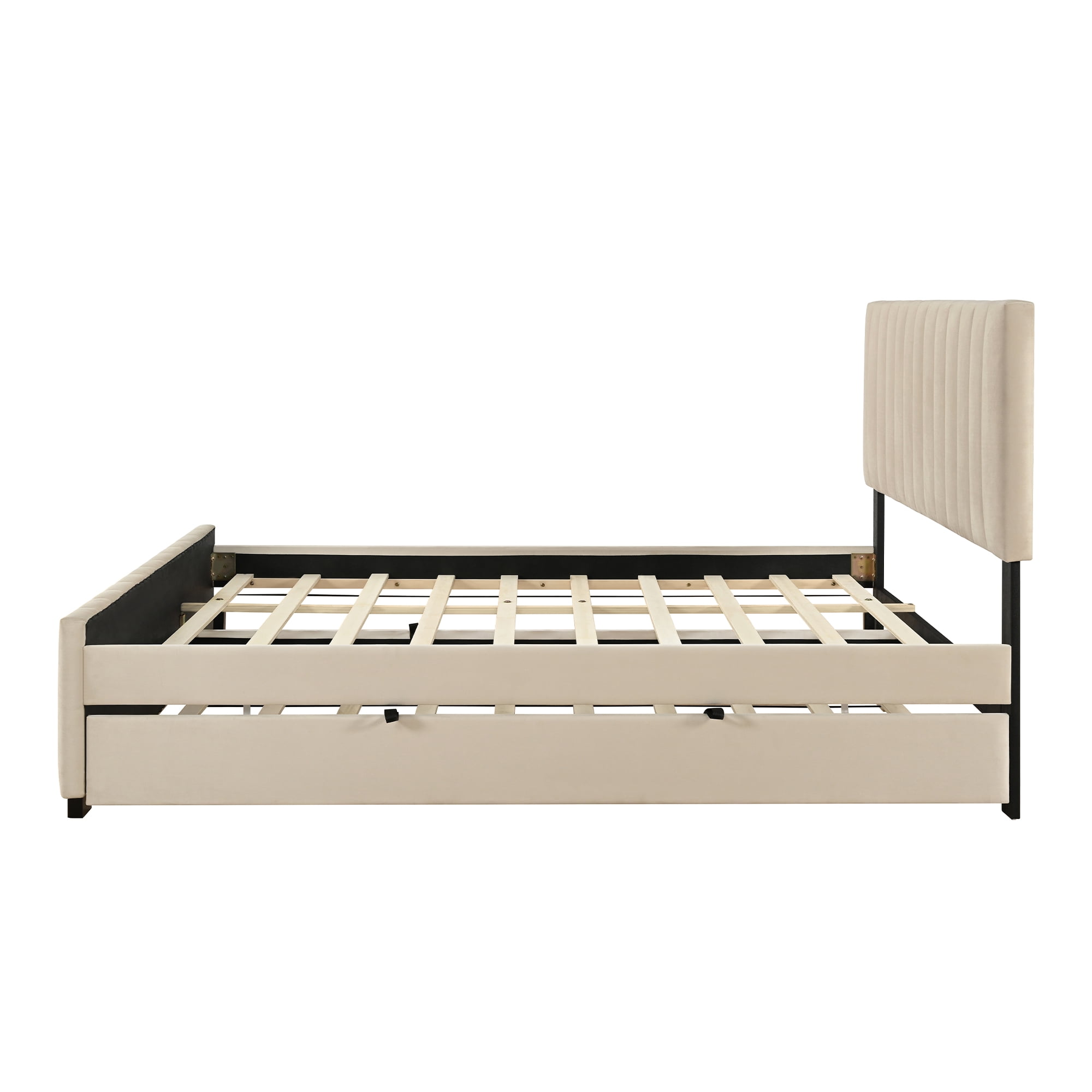 Queen Size Velvet Upholstered Platform Bed with Twin XL Size Trundle
