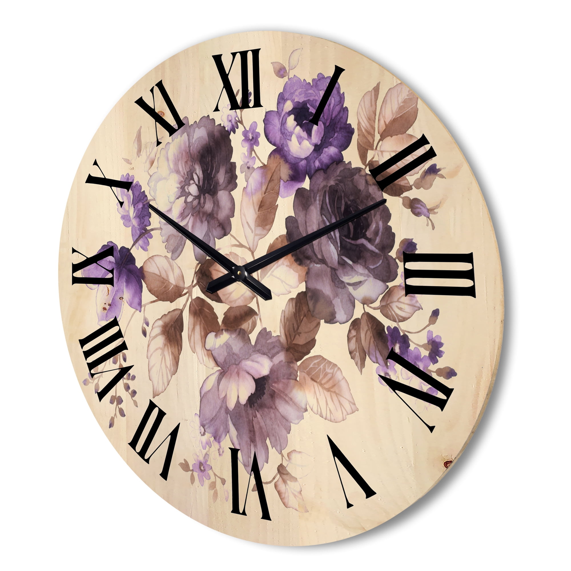 Designart 'Purple Retro Flowers With Brown Leaves On White' Traditional Wood Wall Clock