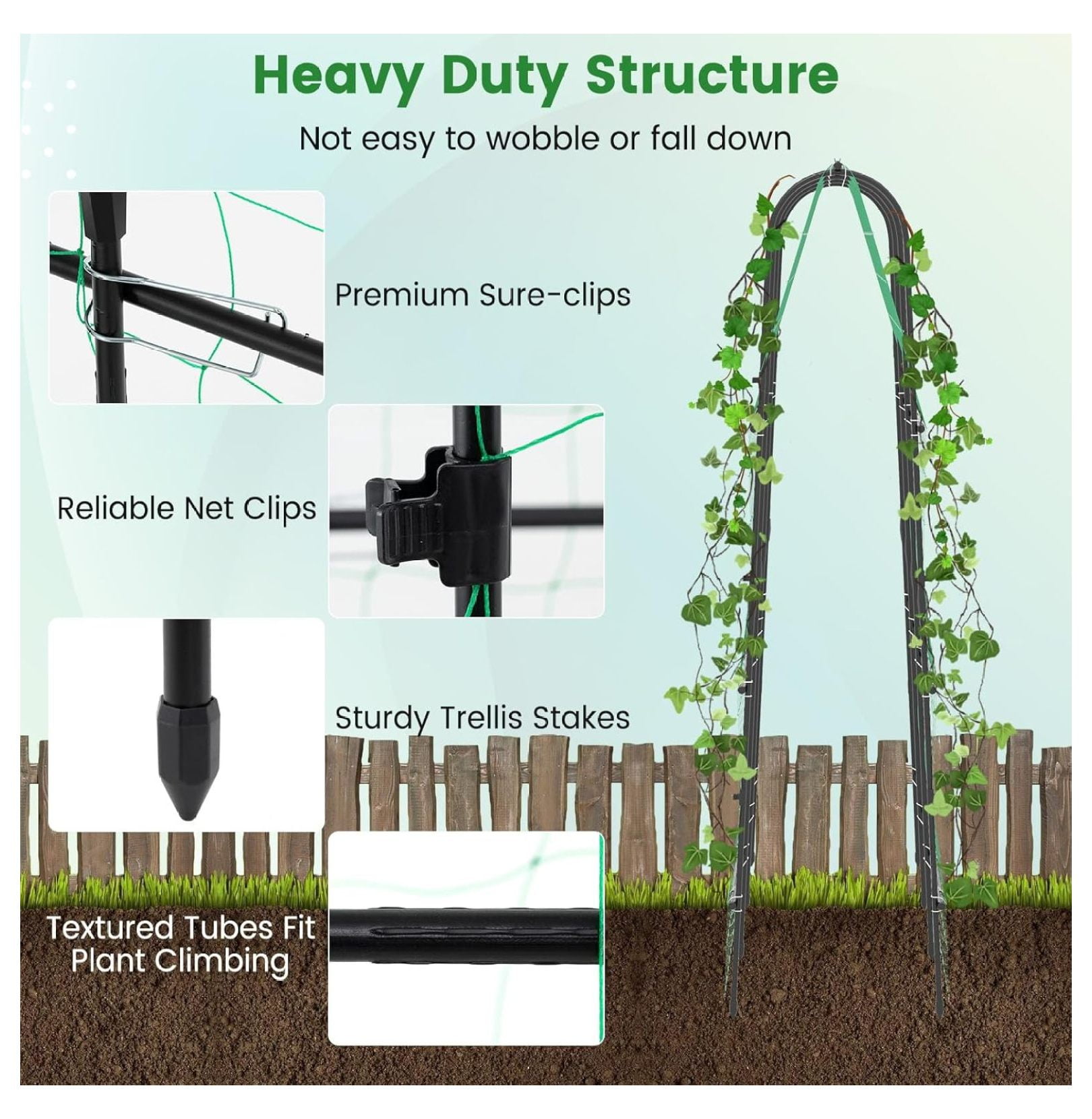 71" x 71" Cucumber Trellis for Raised Bed, Garden Arch Trellis Metal Plant Support Frame with Netting, Sure-Clips & Ground Stakes, U-Shaped Garden Trellis for Climbing Plants Outdoor