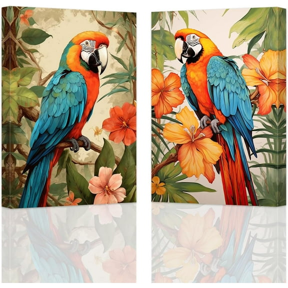 ZHONGYUTONG 2 Piece Bird Canvas Wall Art Parrot Pictures Wall Decor Animal on Branch Painting Print for Bathroom Living Room Decor Frame (11"x14"x2PCS)