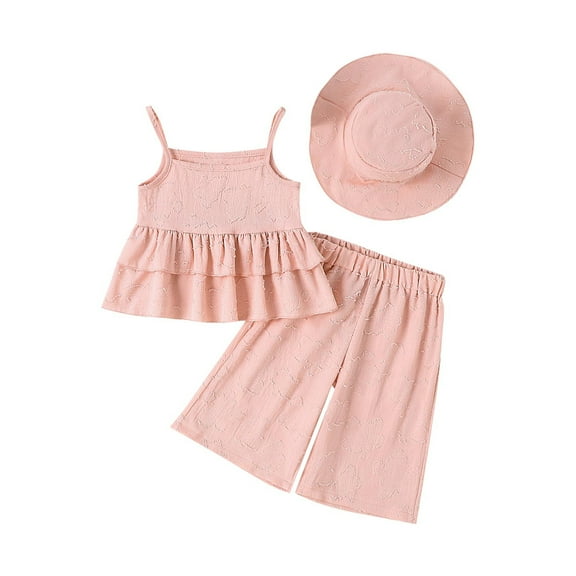 Toddler Girl cute pants set Camisole Ruffle Sleeveless Tops with wide leg Pants, Summer Girls Clothing vacation Outfits with hat 6Y