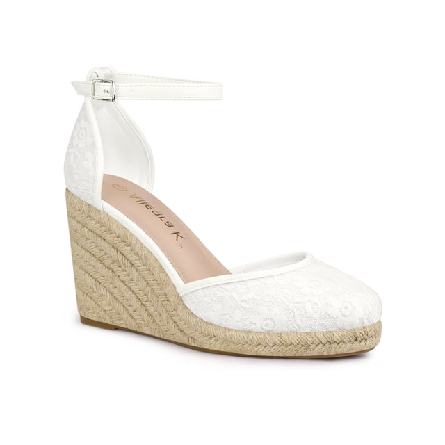 BLISSFUL STEP Espadrilles à Plateforme à Talons Compensés en Dentelle pour Femmes Sandales Blanches (Taille 8,5)