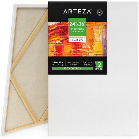 Arteza Stretched Canvas, Classic, White, 24"x36", Large Blank Canvas Boards for Painting-2 Pack