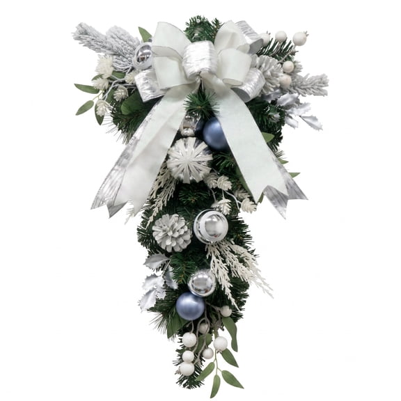 24 Inch Pre‑Lit Christmas Teardrop Door Swag,Artificial PVC Xmas Swag with 20 LED Lights 8 Modes Timer,Satin Bow Ribbon, Electroplated Ball Ornaments Berries for Front Door Wall Mantel Holiday Decor