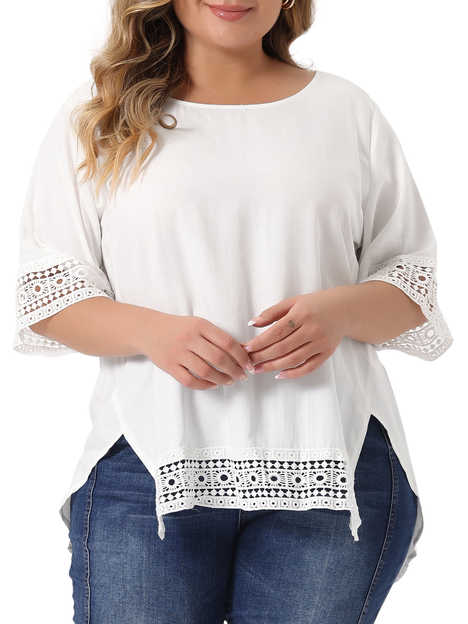 Women's Plus Summer Tops Lace Crochet Short Sleeve Casual Blouses 2X White