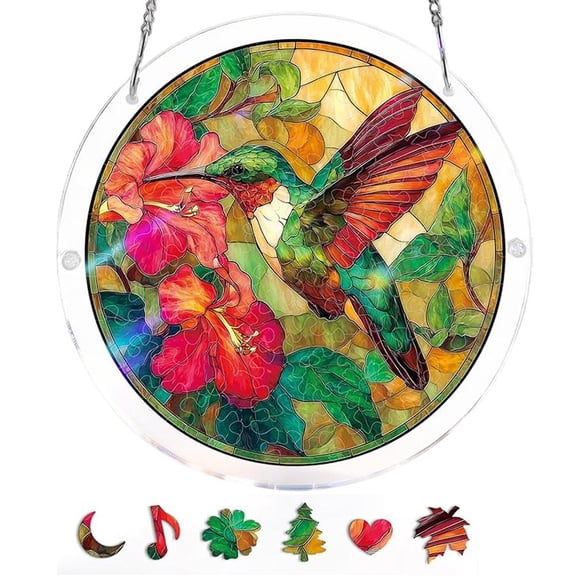 Puzzle Window Hanging Suncatcher, 8" Hummingbird & Floral Stained Glass Style Pendant, Colorful Sun Catcher Window Wall Garden Decor Gift