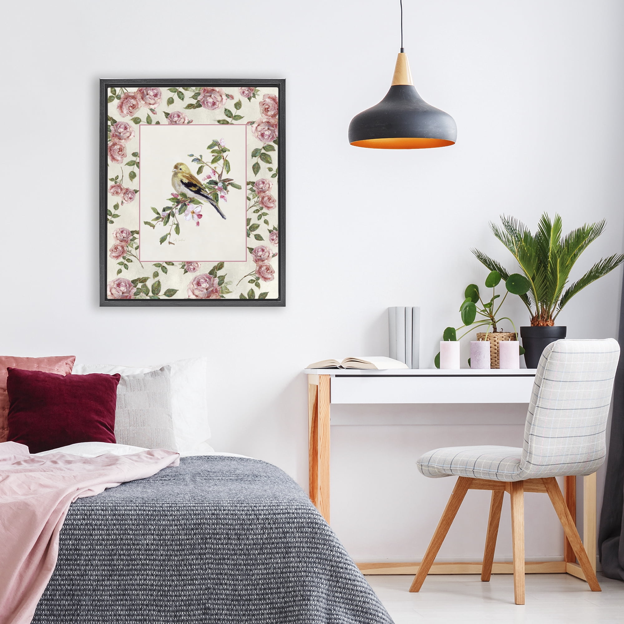 Stupell Industries Perched Bird with Dainty Roses Black Framed Floater Canvas Wall Art, design by Sally Swatland