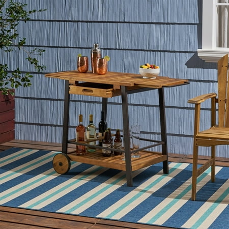 Michaela Outdoor Wood And Iron Bar Cart With Tray Top And Bottle