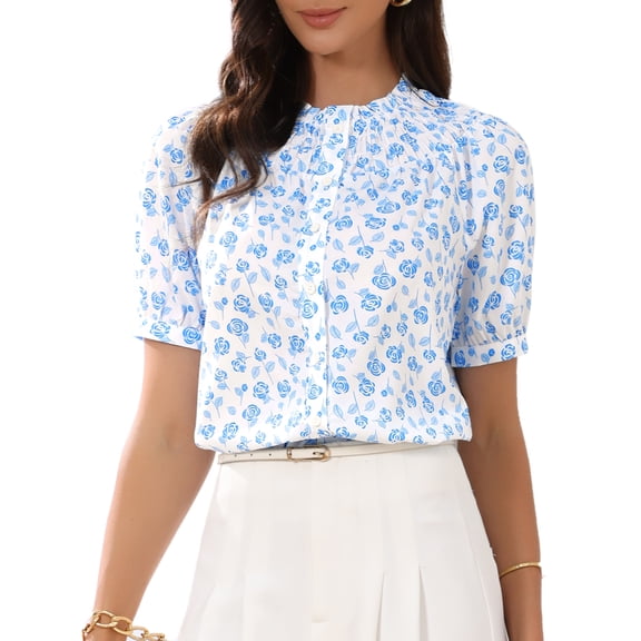 DARING DIVA Women's Floral BlousesRuffle Neck Puff Short Sleeve Smocked Shirts XS Blue