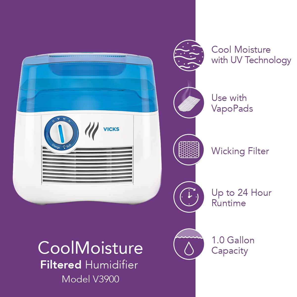 Vicks 1 Gallon Cool Mist Humidifier, V3900, Blue/White for Bedrooms, Medium to large Rooms for Adults, Kids, or Baby Room