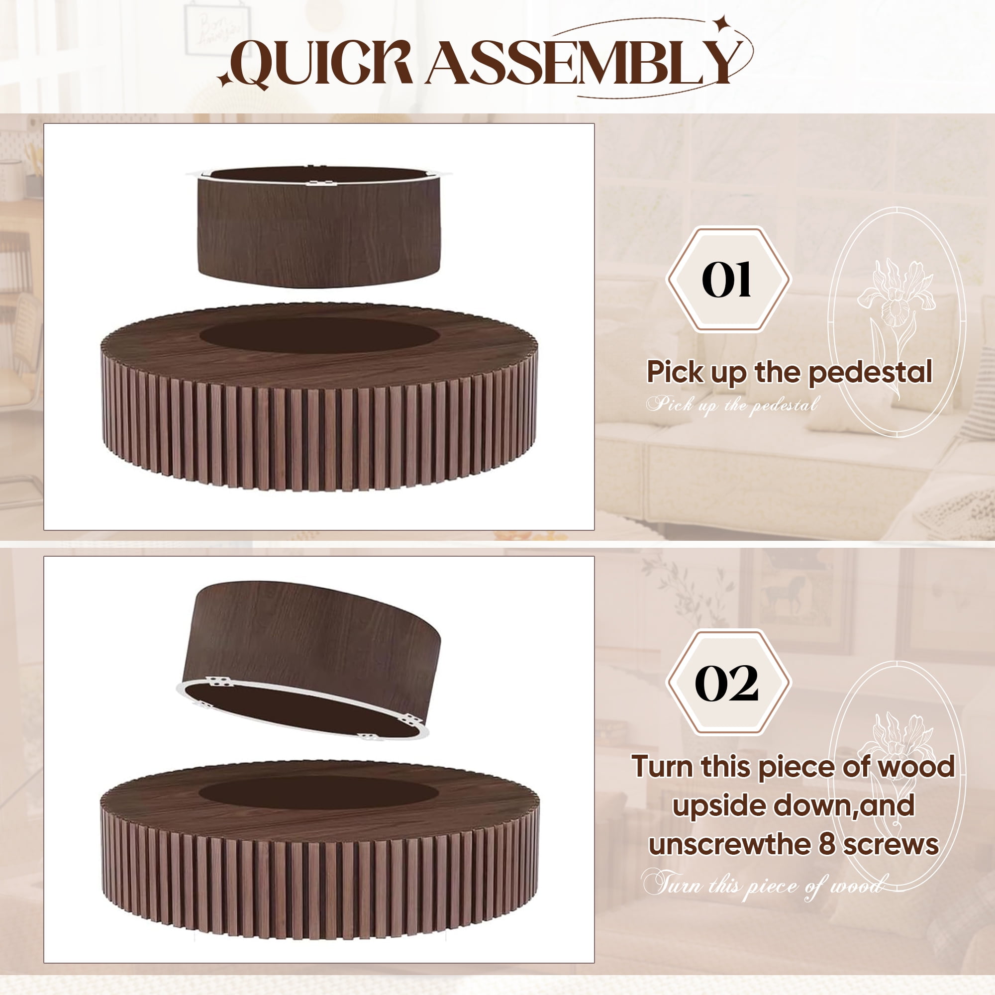 Muumblus 31.5" Walnut Coffee Table, Round Wood Modern Unique Fluted Accent Center Table for Living Room