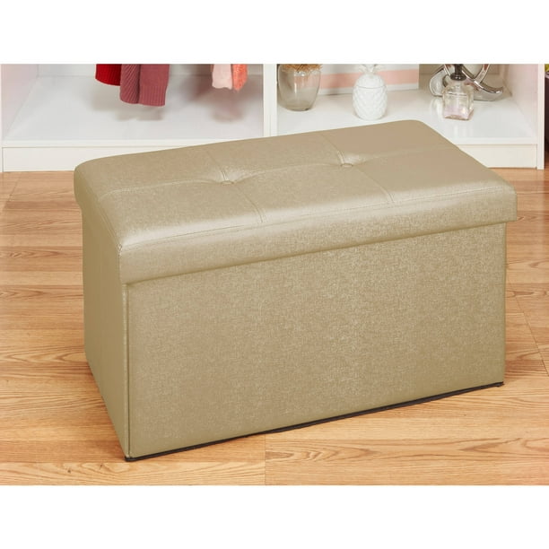 Simplify Faux Leather Double Folding Storage Ottoman Metallic Gold Com Simplify Faux Leather Double Folding, Gold Ottoman Storage Box