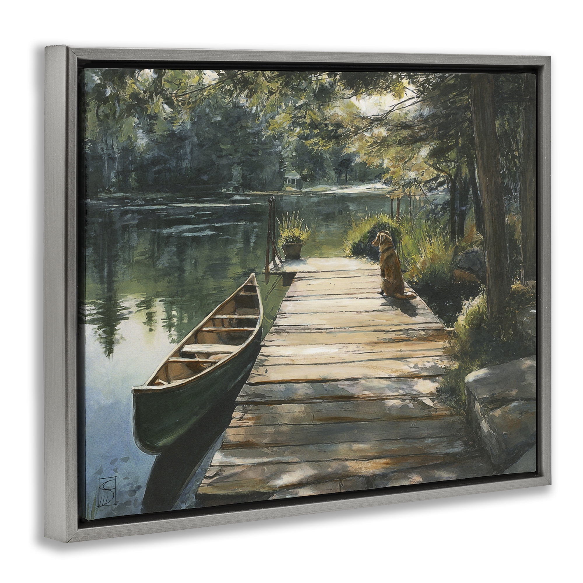 Lake Life Dog on Dock Gray Framed Floater Canvas Wall Art, design by Sara Culpepper
