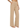 thumbnail image 3 of Women's Casual Straight Leg Yoga Pants, Solid Color High Waisted Tummy Control Elastic Waist Pants, Loose Fit Cotton Linen Blend Versatile Trousers for Daily Wear Beige L, 3 of 7