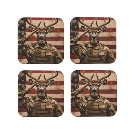 

Tideii Patriotic Deer Soldier Salute for Leather Coasters 4 Pieces Anti-fouling and Anti-scalding Decorative Coasters Suitable for Restaurants Kitchens Coffee Shops-Square