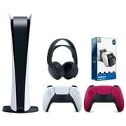 Sony Playstation 5 Digital Edition Console with Extra Red Controller, Black PULSE 3D Headset and Surge Dual Controller Charge Dock Bundle