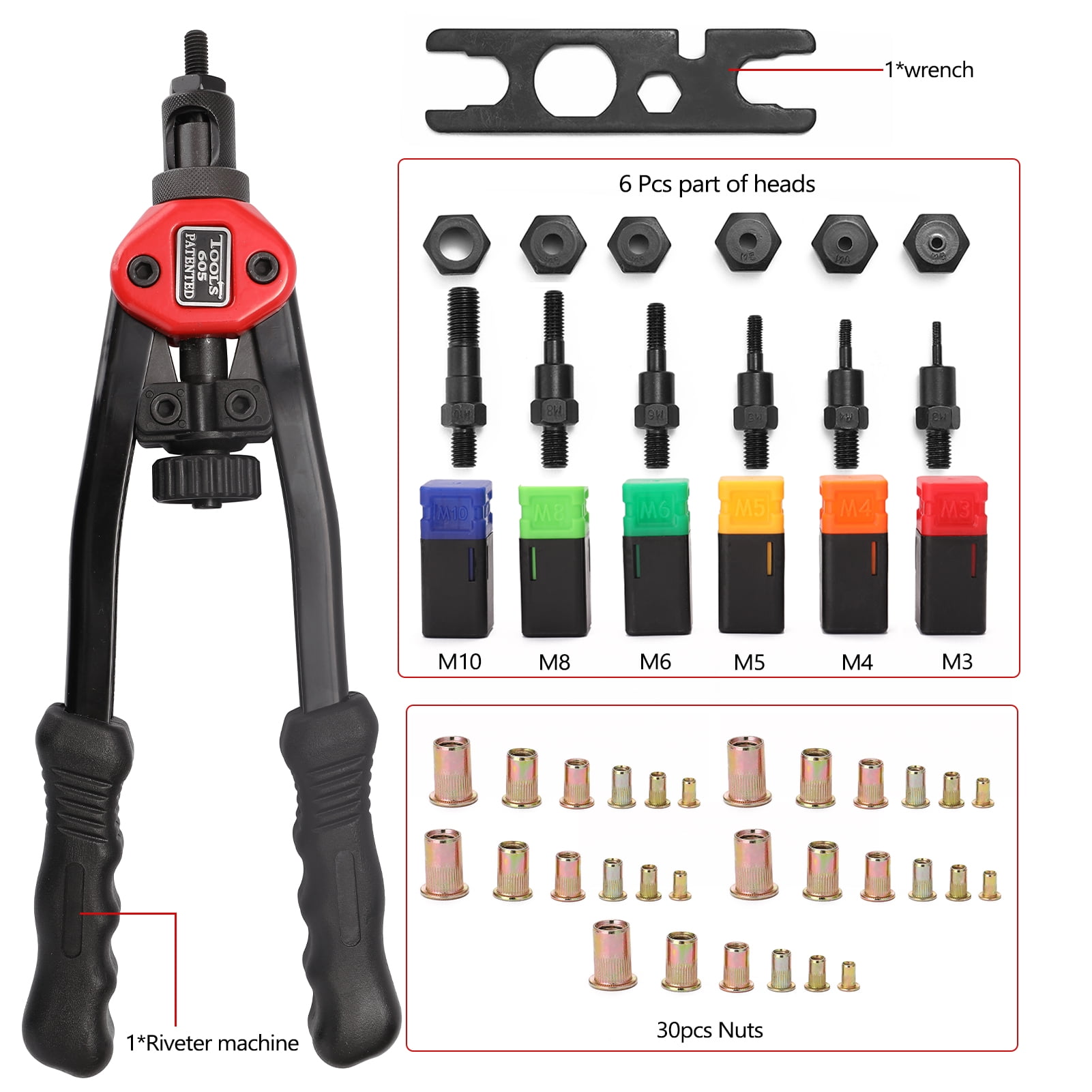 Riveting Tools with Nut Dies M3-M10 Labor-saving Hand Riveter BT-605 Manual Rivet Machine Riveting Tools with Nut Dies M3-M10