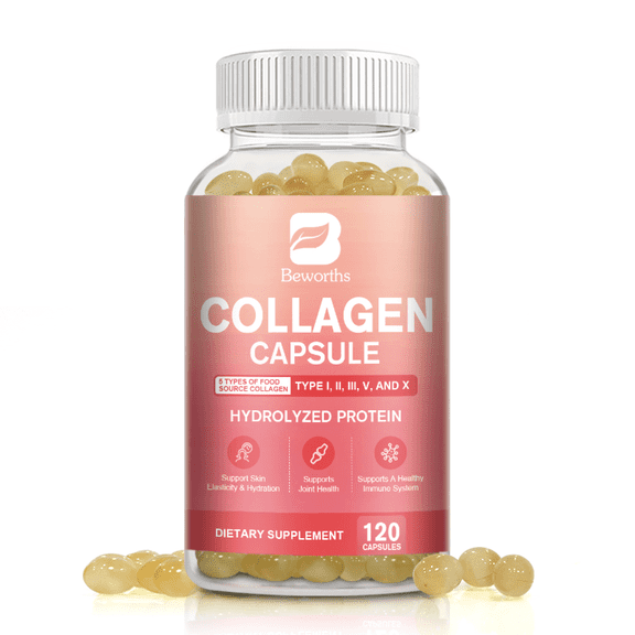 B BEWORTHS Multi Collagen Capsules | Hydrolyzed Collagen Type I, II, III, V, X | Hair, Skin, Nail & Joint Support, 120 Count