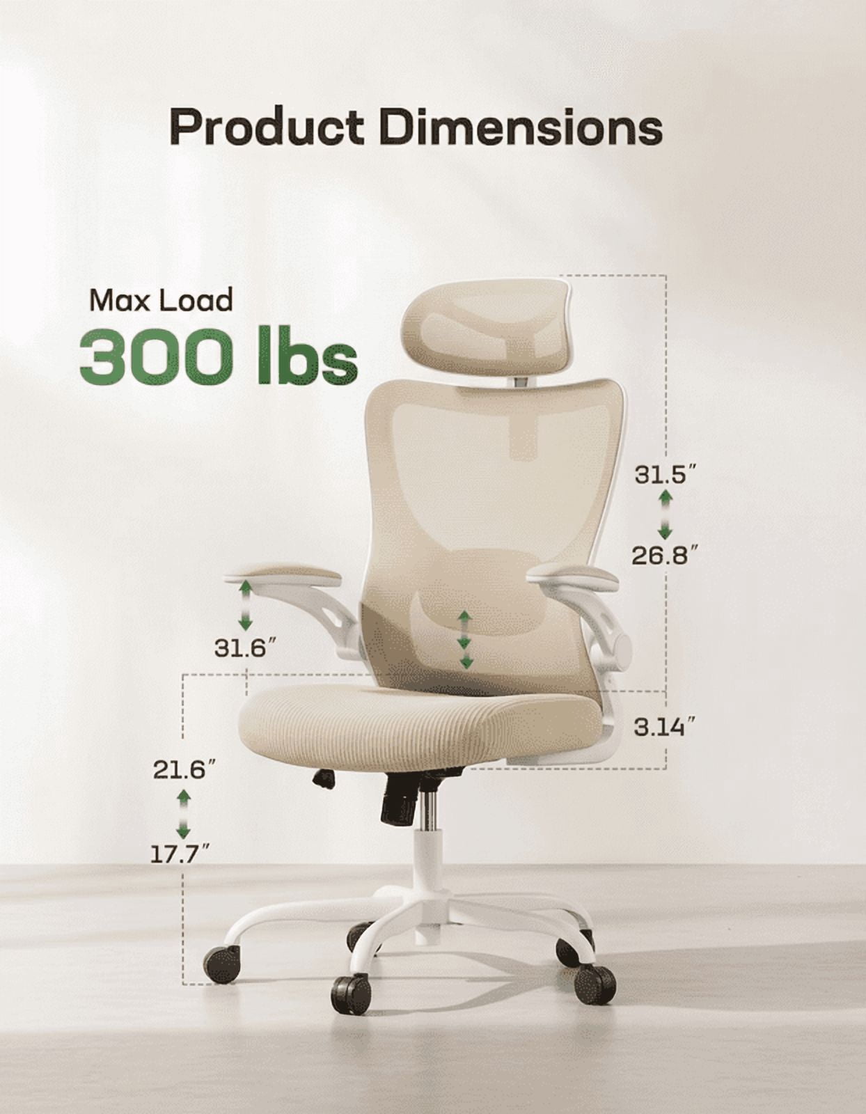 High Back Ergonomic Office Chair with Headrest and Adjustable Lumbar Support, Mesh Desk Chair with 3D Armrests, Reclining Computer Chair for Home Office, 300 lbs Capacity