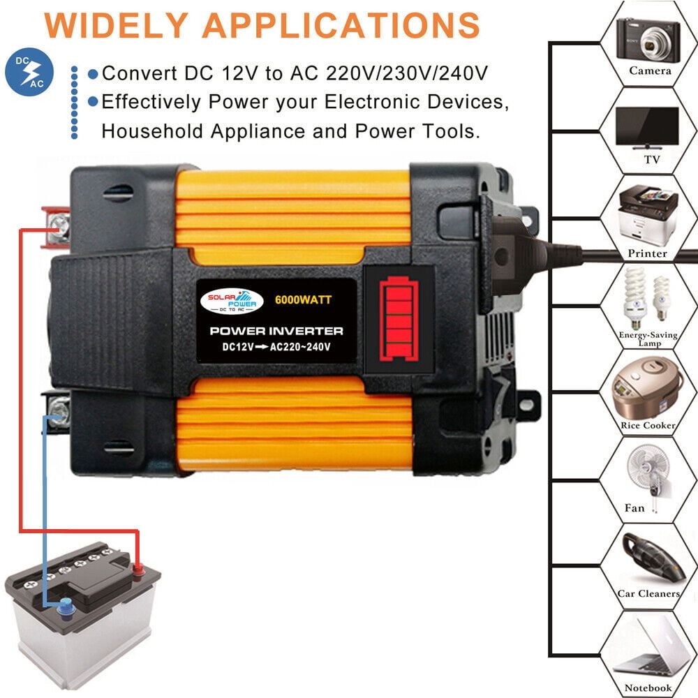 Convertidor De Corriente 6000W Para Autos Carros DC 12V a 110V AC Inversor