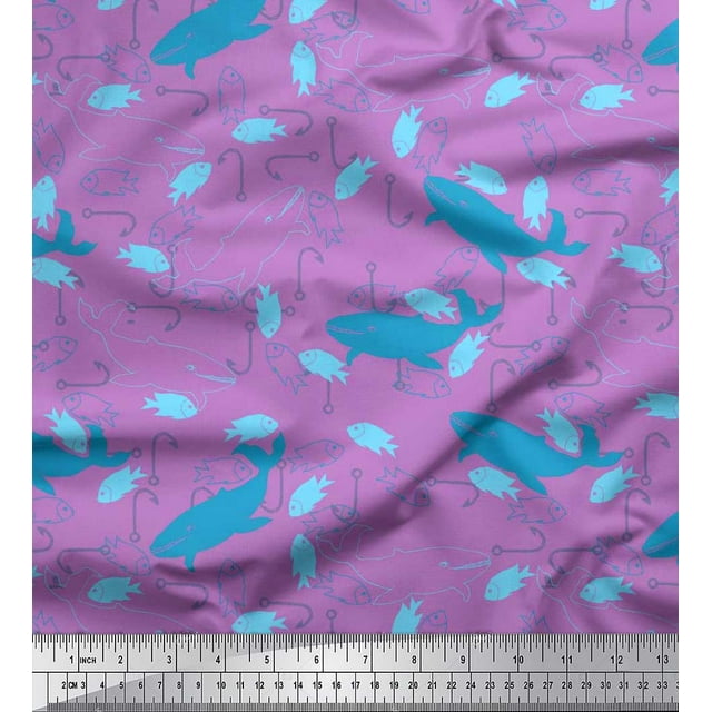 Soimoi Poly Georgette Fabric Fishing Hook,Fish & Whale Ocean Fabric Prints by Yard 42 Inch Wide