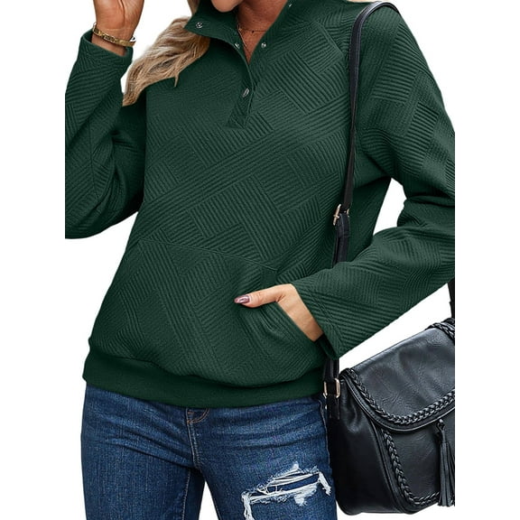 Womens Casual Textured Long Sleeve Henley Button V Neck Loose Pullover Trendy Fall Outfits Tops Dark Green XL