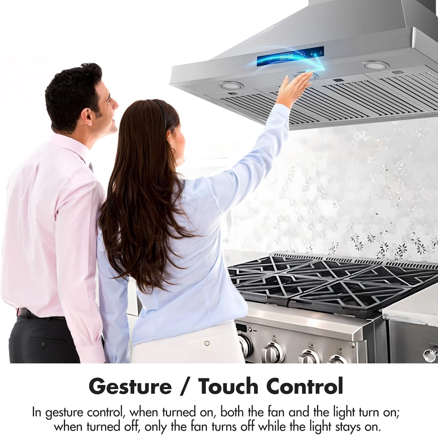 48 inch Wall Mount Range Hood Convertible Vent Dual Motors with Permanent Baffle Filters 1500 CFM Stainless Steel for Kitchen Gesture Sensing & Touch Control, 4 Speed Exhaust Fan, ETL Listed